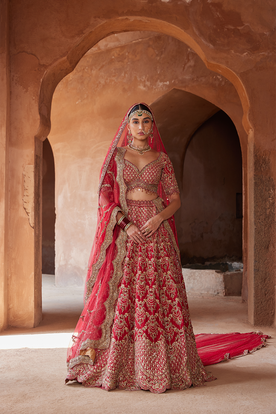 Blood Red Raw Silk Lehenga Choli with Jhoomar Embroidery