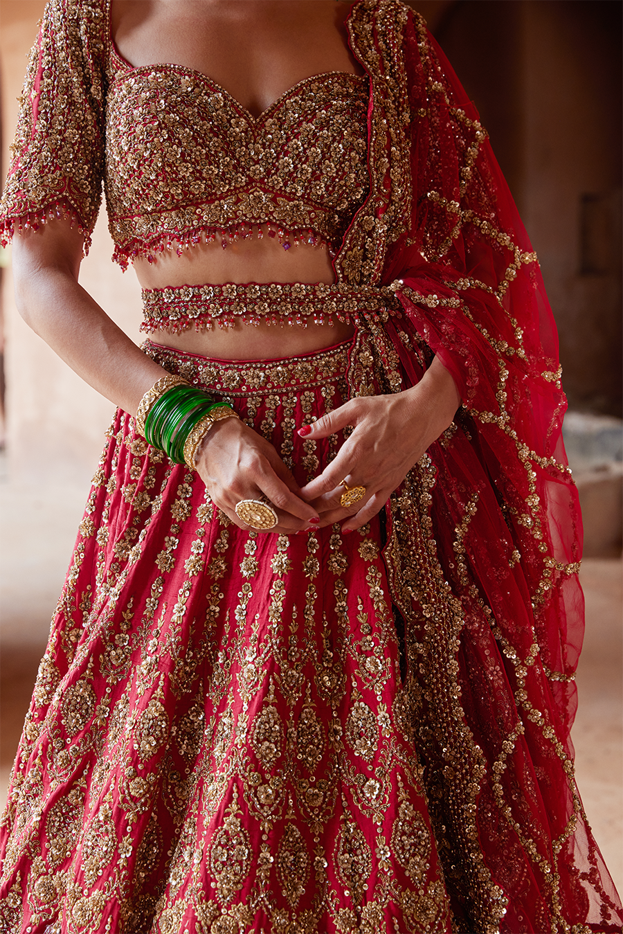 Deep Red Raw Silk Lehenga Choli Set for Bridal and Festive Wear