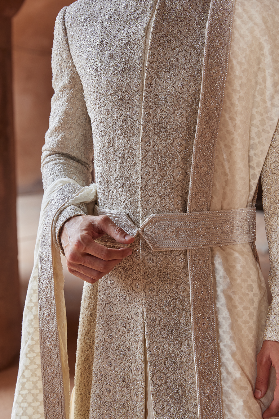 RAW SILK EMBROIDERED SHERWANI WITH MONGA TUSSAR KURTA AND CHURIDAR SET