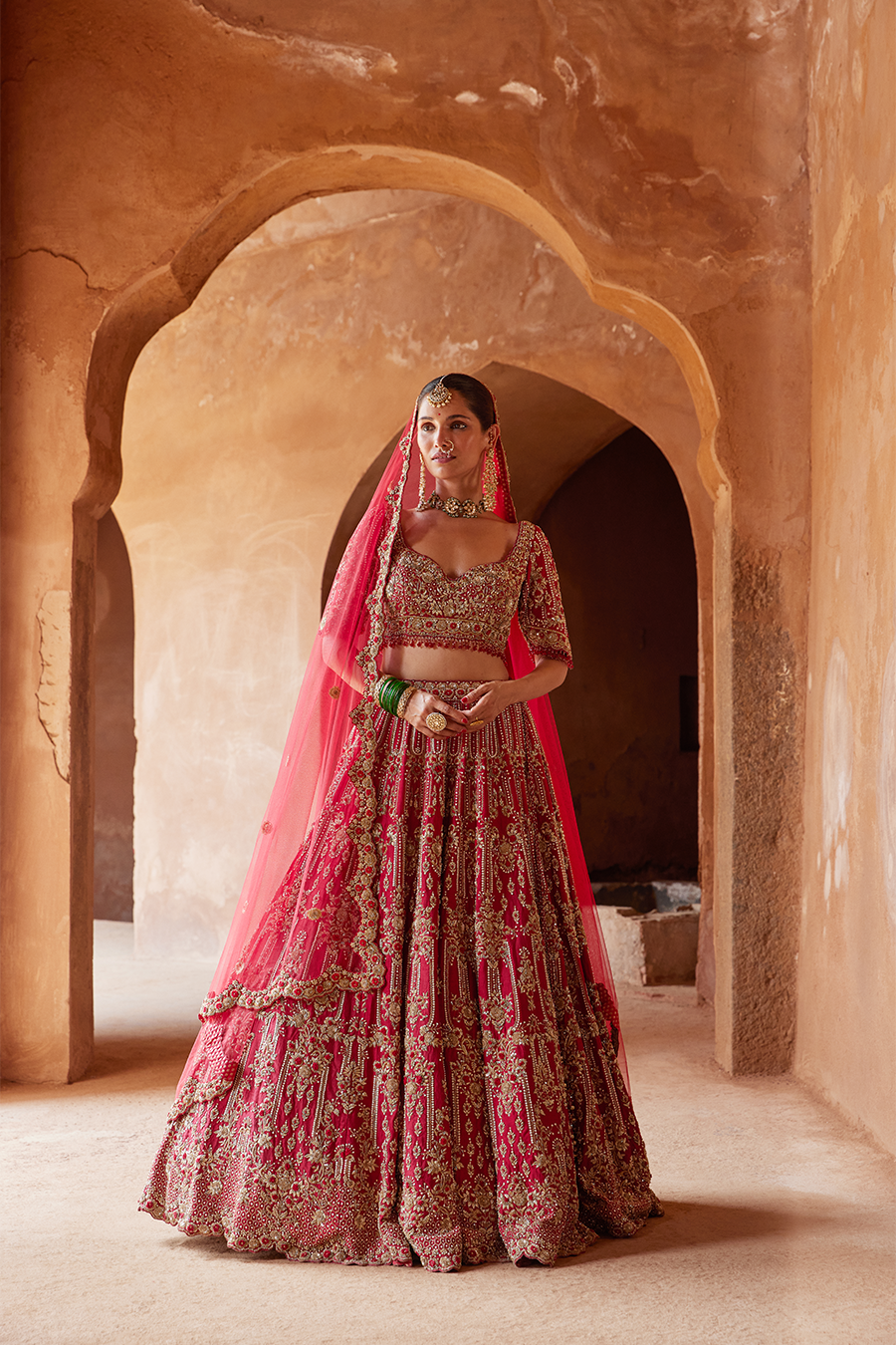 Blood Red Raw Silk Lehenga Set – Intricate Dabka Bridal Wear