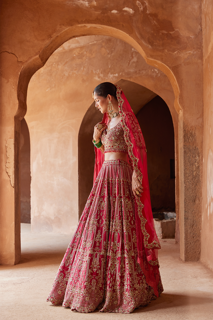 Blood Red Raw Silk Lehenga Set – Intricate Dabka Bridal Wear
