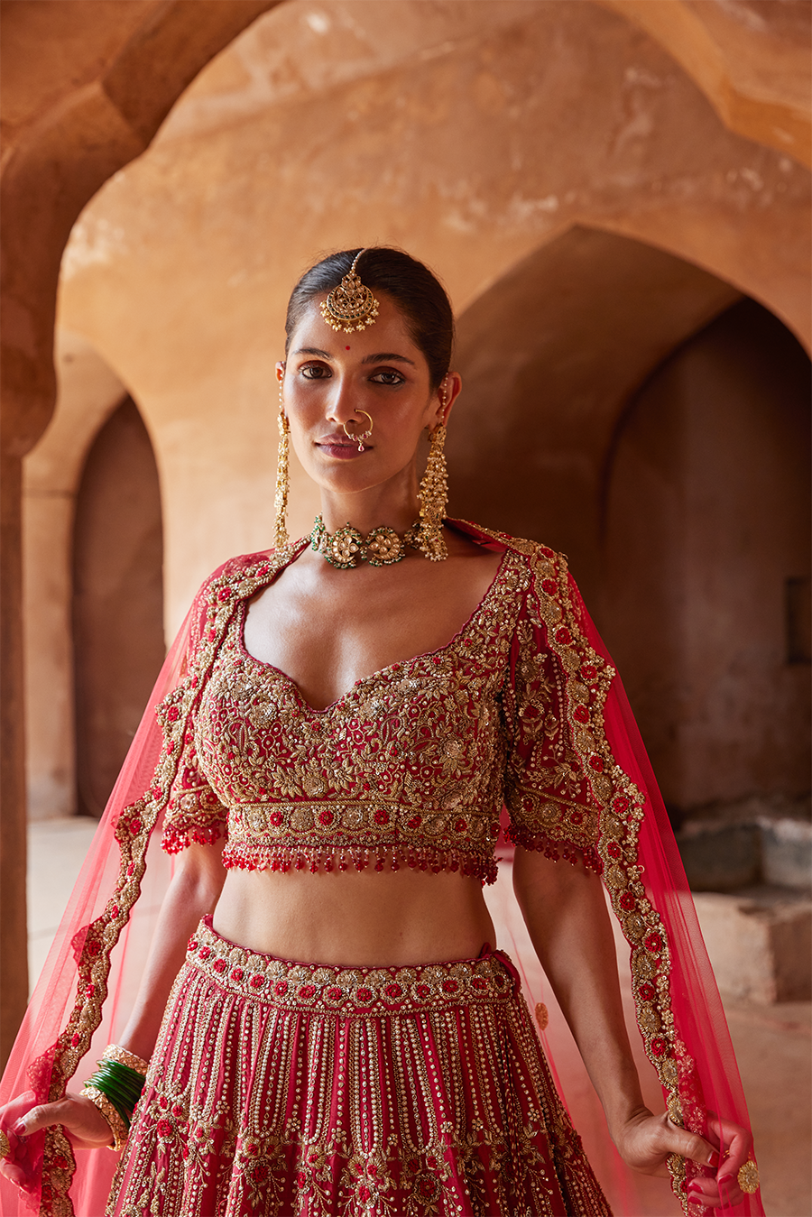 Blood Red Raw Silk Lehenga Set – Intricate Dabka Bridal Wear