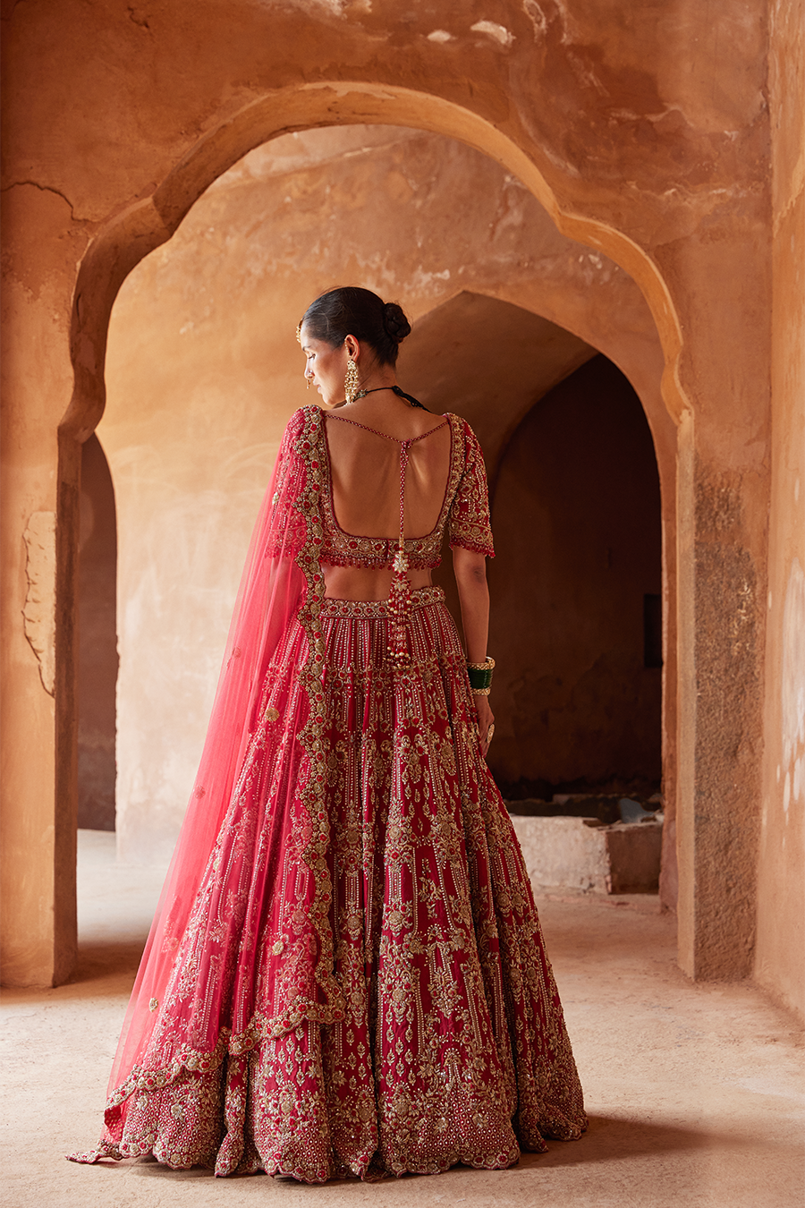 Blood Red Raw Silk Lehenga Set – Intricate Dabka Bridal Wear