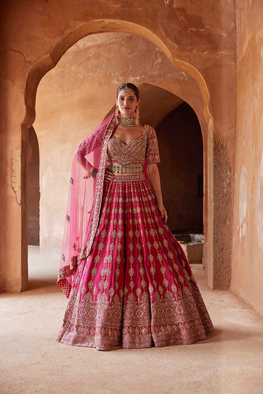 Fuschia Red Raw Silk Lehenga Choli Set for Bridal Wear