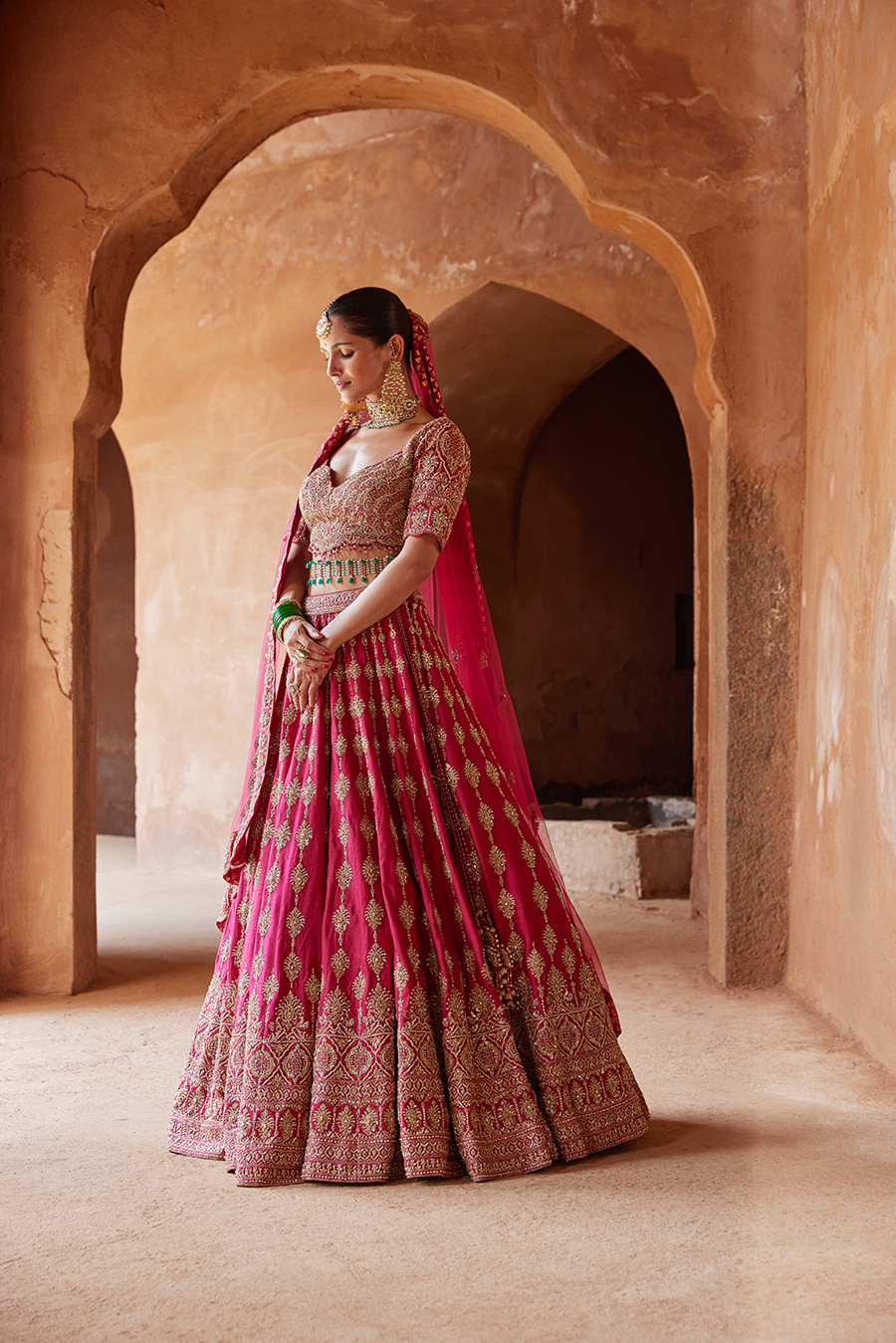 Fuschia Red Raw Silk Lehenga Choli Set for Bridal Wear