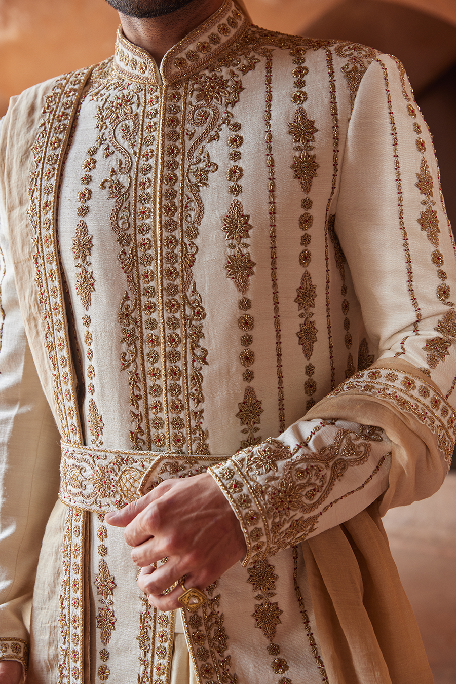 IVORY MATKA SILK  ZARDOZI EMBROIDERED SHERWANI  KURTA CHURIDAR SET