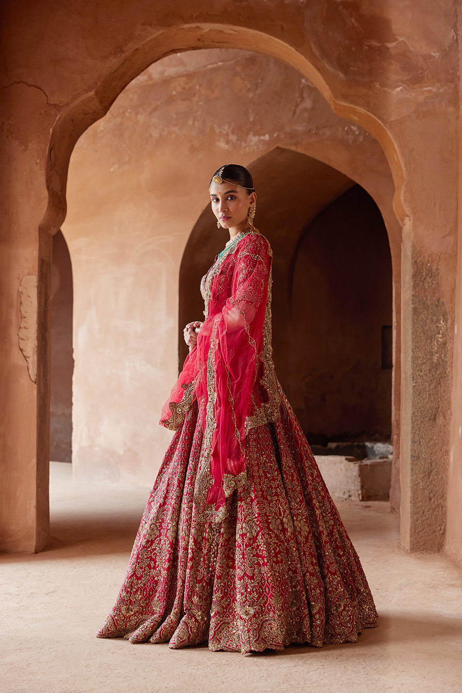 Blood Red Raw Silk Lehenga Choli with Antique Embroidery