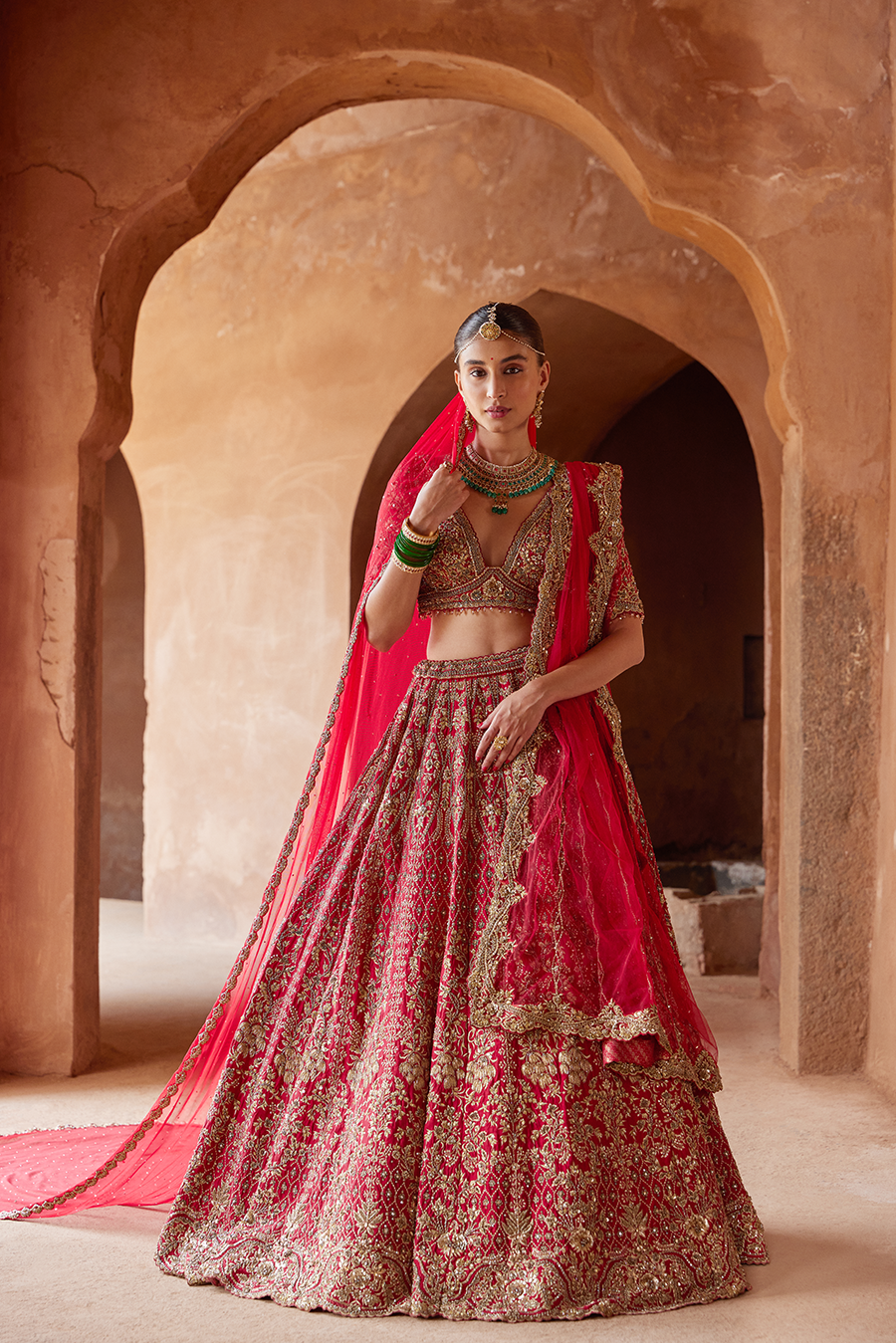 Blood Red Raw Silk Lehenga Choli with Antique Embroidery