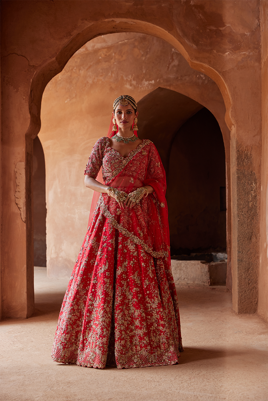 Crimson Red Raw Silk Lehenga Choli for Wedding Couture