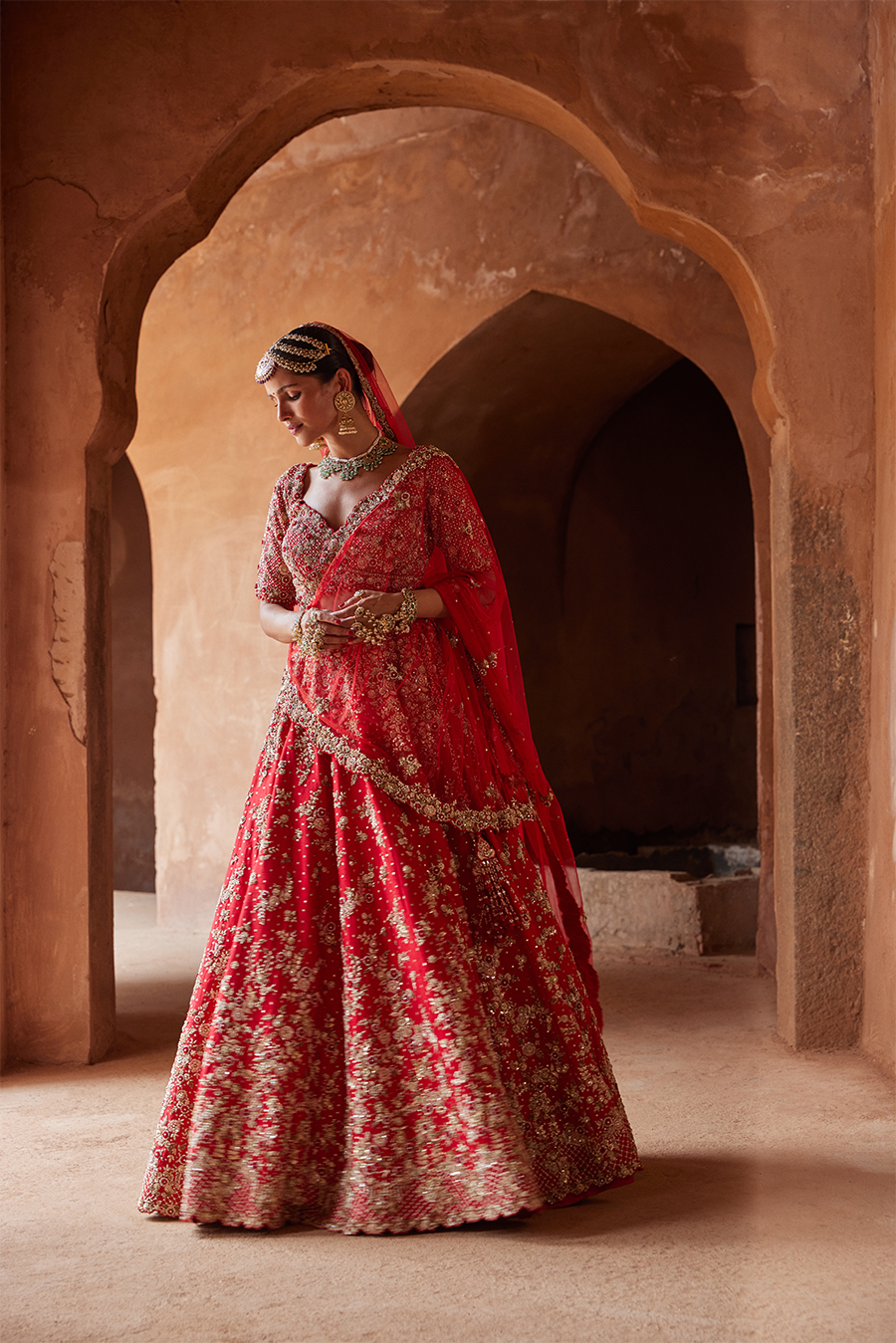 Crimson Red Raw Silk Lehenga Choli for Wedding Couture