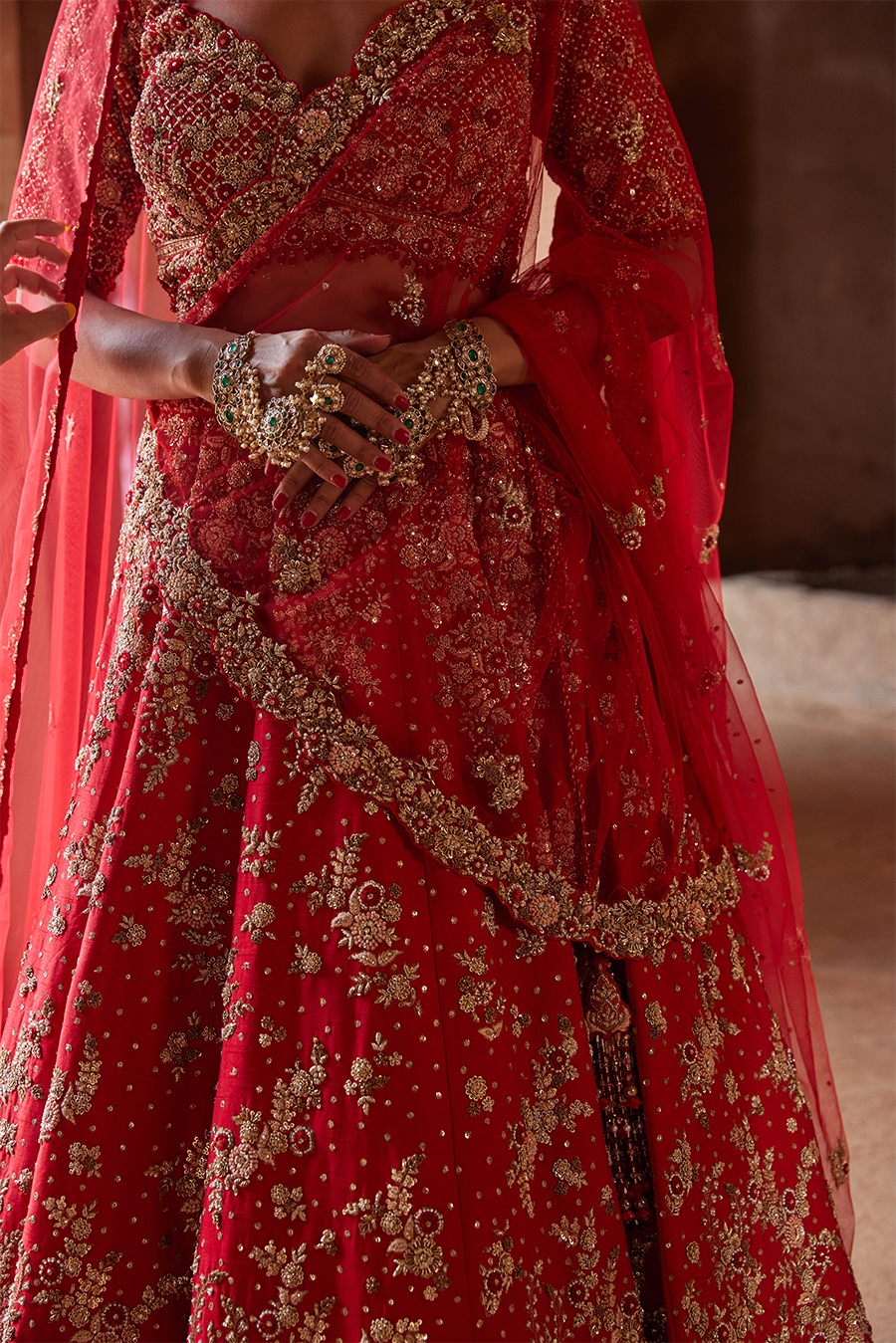 Crimson Red Raw Silk Lehenga Choli for Wedding Couture