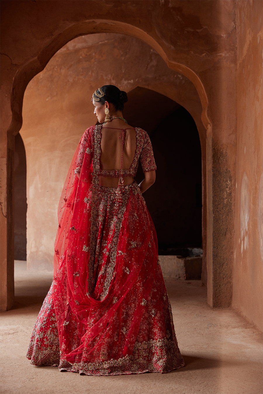 Crimson Red Raw Silk Lehenga Choli for Wedding Couture