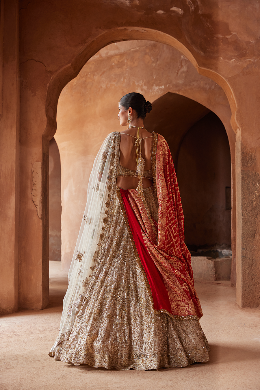 Champagne Gold Net Embroidered Lehenga Choli for Weddings