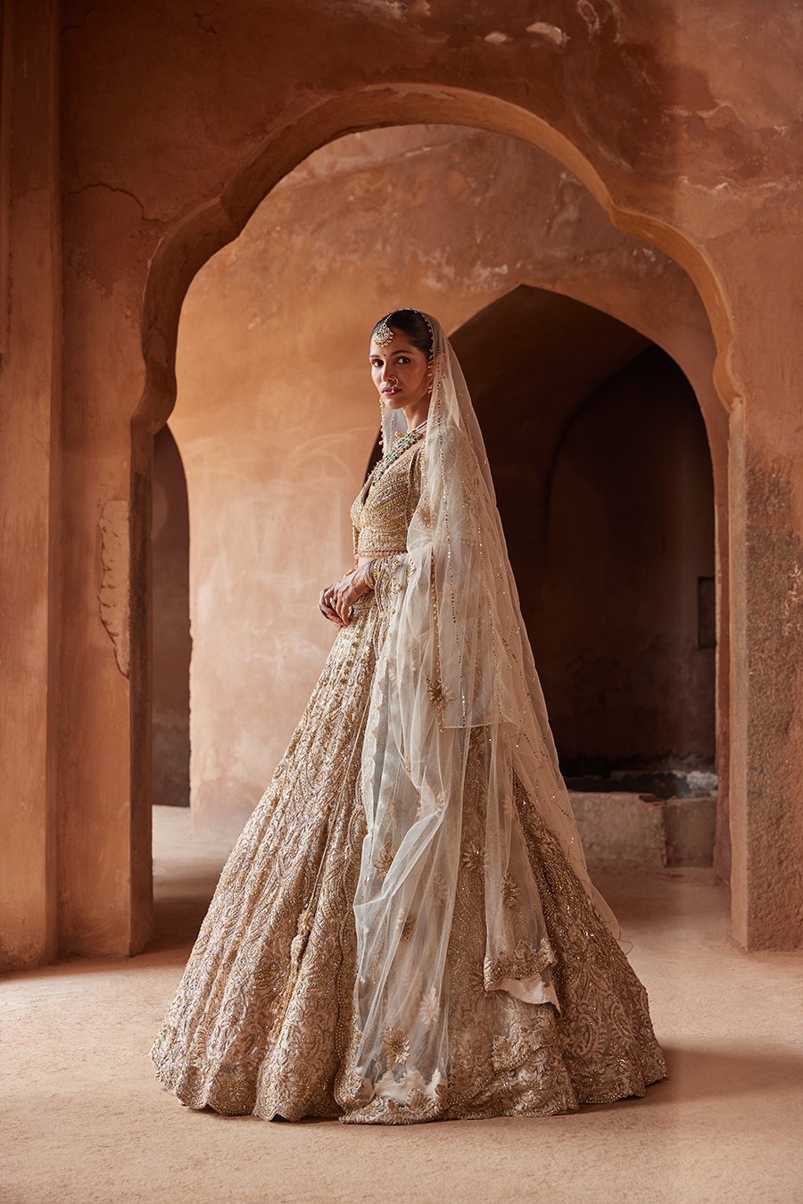 Champagne Gold Net Embroidered Lehenga Choli for Weddings