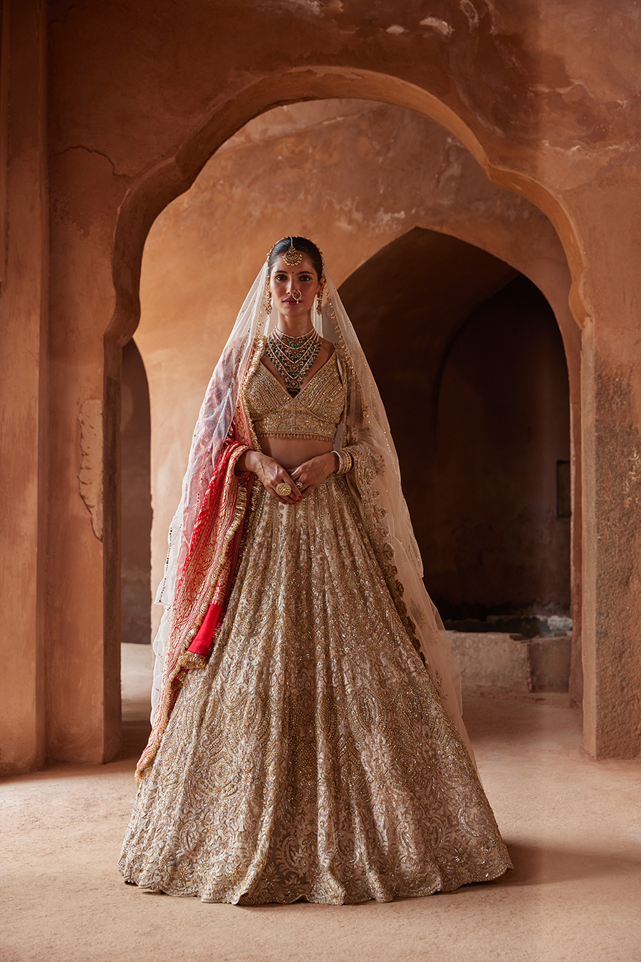 Champagne Gold Net Embroidered Lehenga Choli for Weddings