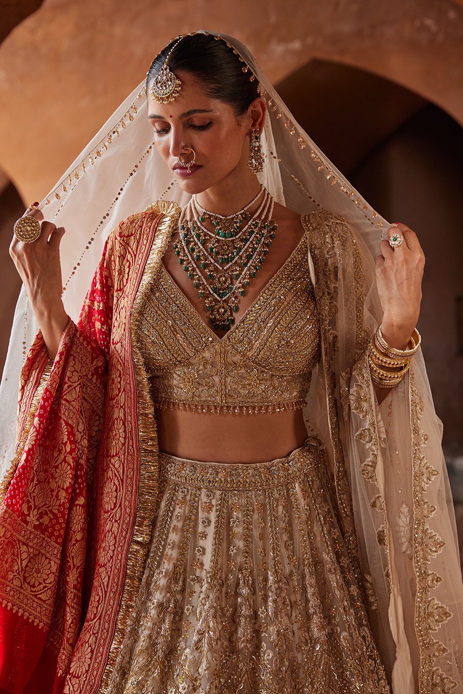 Champagne Gold Net Embroidered Lehenga Choli for Weddings