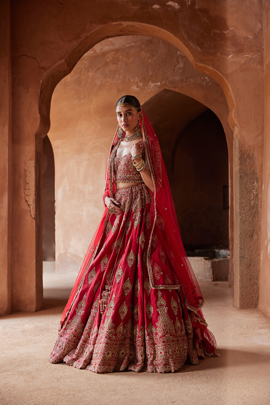 Cardinal Red Raw Silk Lehenga Set with Gold Dabka Embroidery