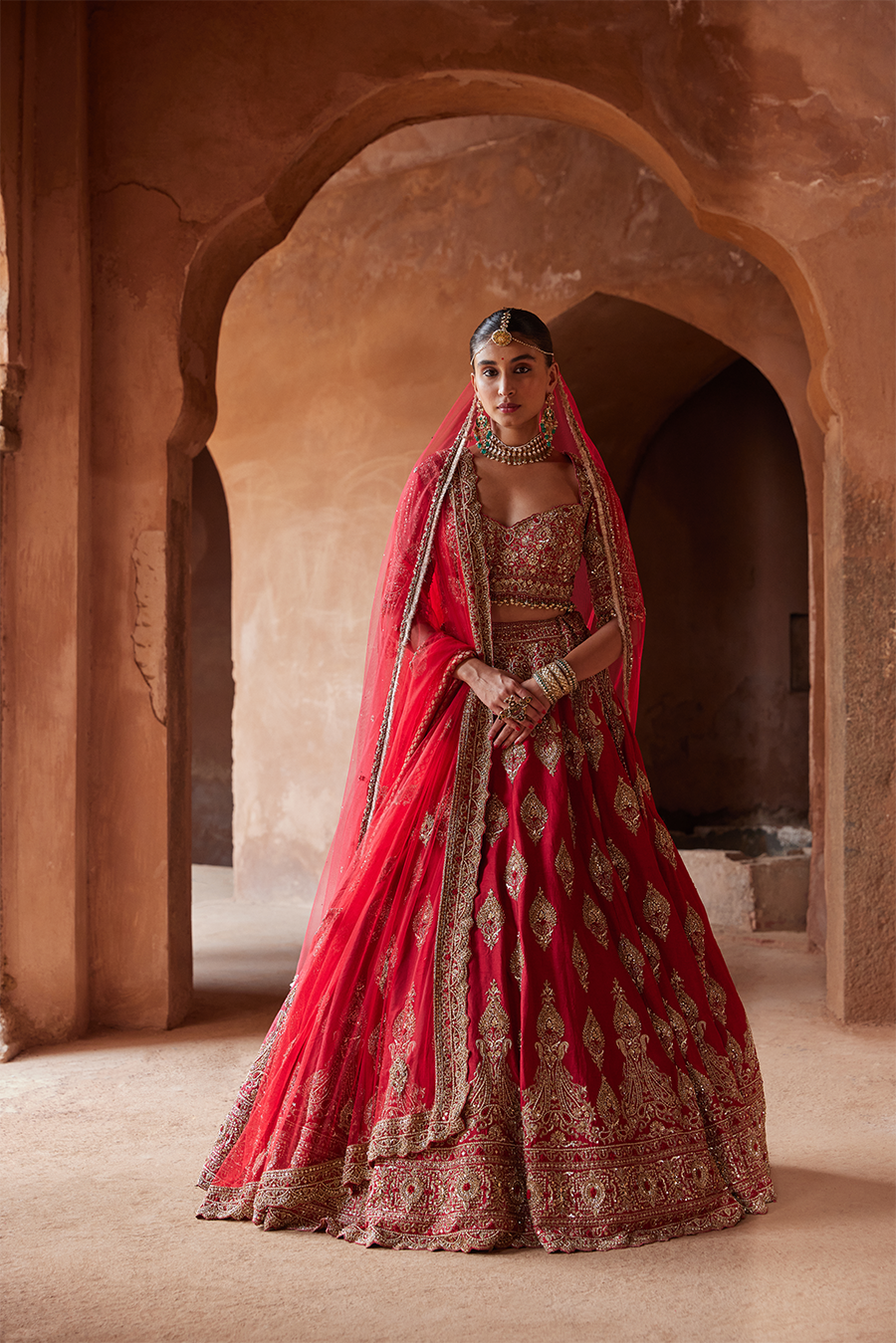 Cardinal Red Raw Silk Lehenga Set with Gold Dabka Embroidery