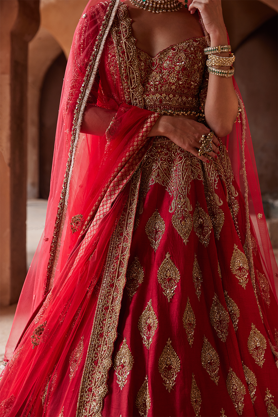 Cardinal Red Raw Silk Lehenga Set with Gold Dabka Embroidery