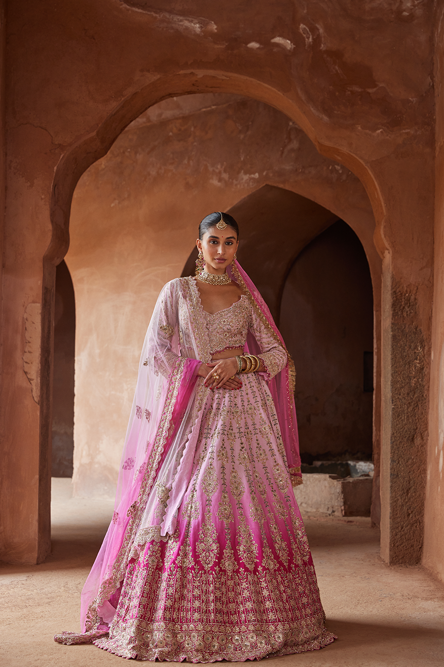 Fuschia Pink Ombre Dyed Net Lehenga Choli for Weddings