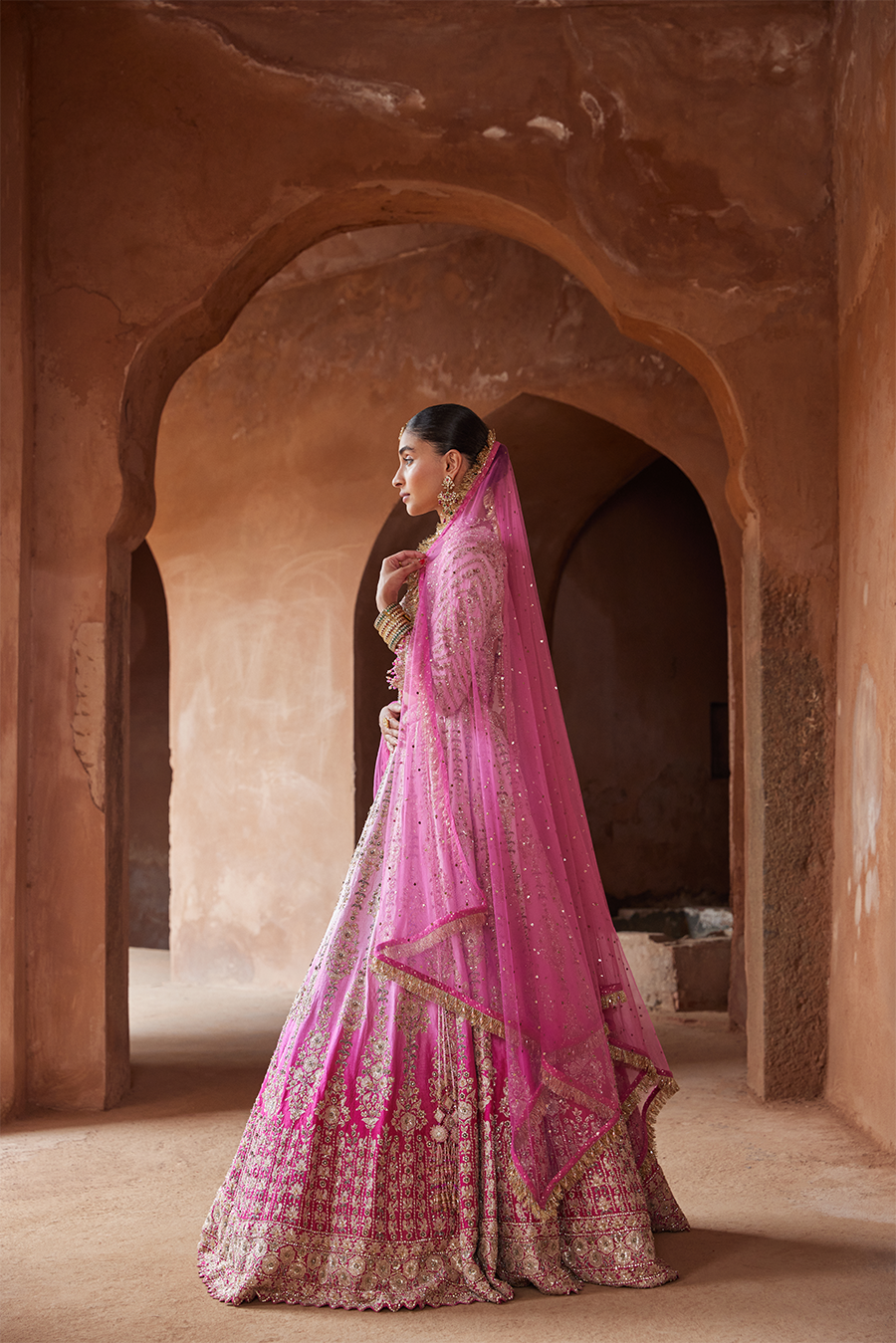 Fuschia Pink Ombre Dyed Net Lehenga Choli for Weddings