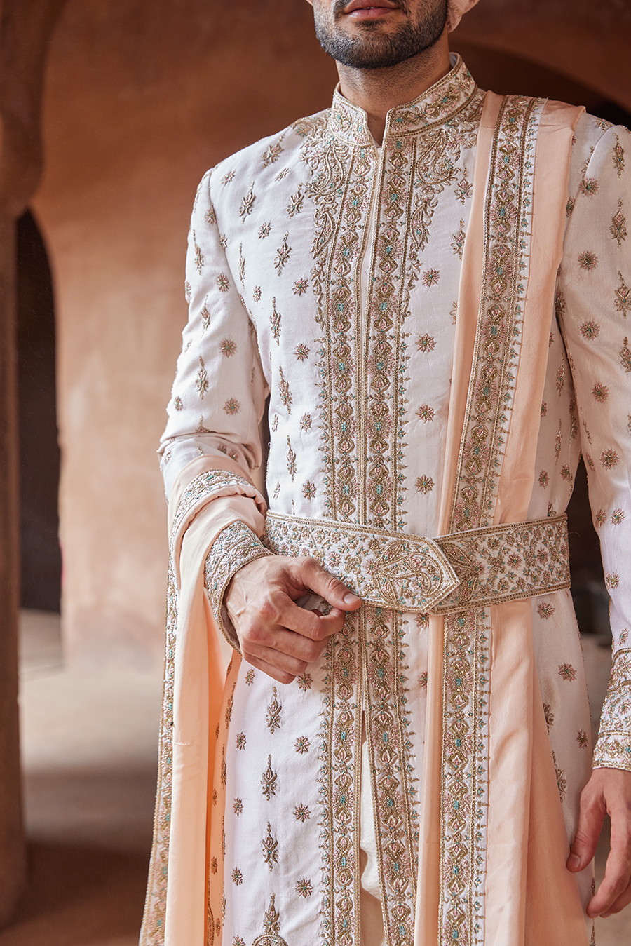 BLUSH PINK TAFETTA SILK EMBROIDERED SHERWANI KURTA TROUSER SET