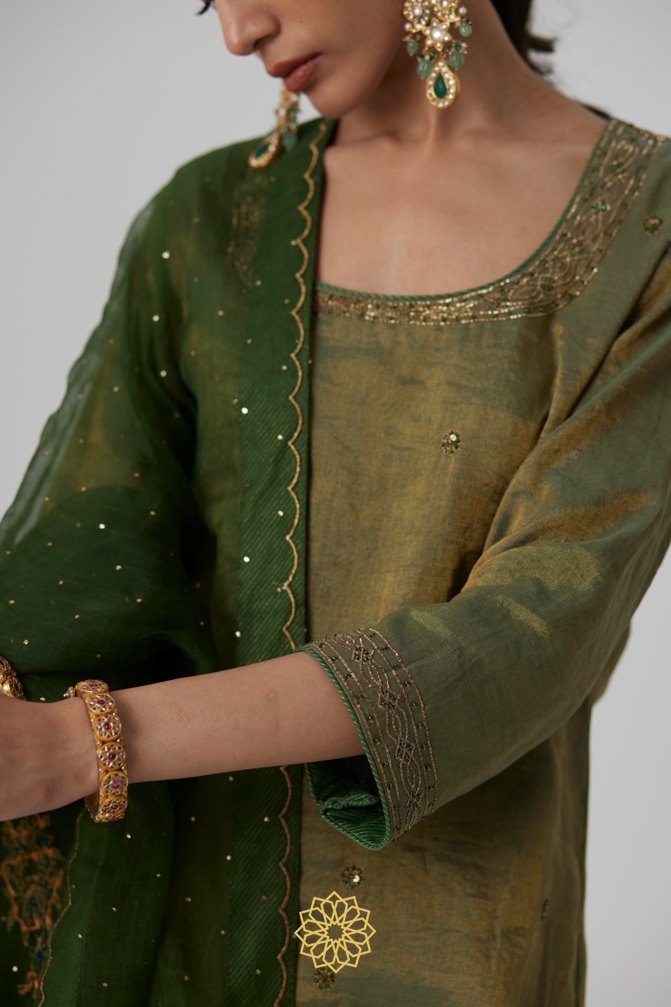 Nirja - Sage green banarasi silk handcrafted tissue kurta with banarasi silk tissue sharara