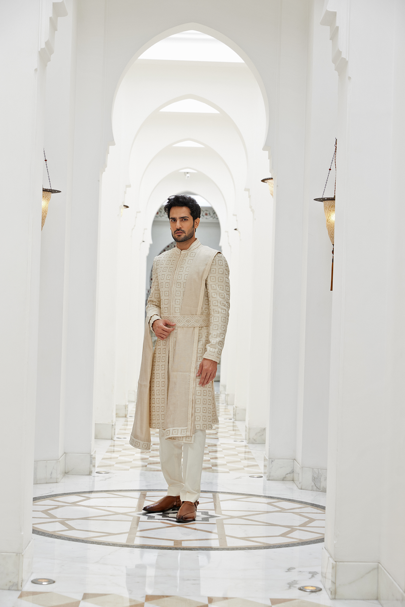 CREAM RAW SILK SHERWANI KURTA TROUSER SET