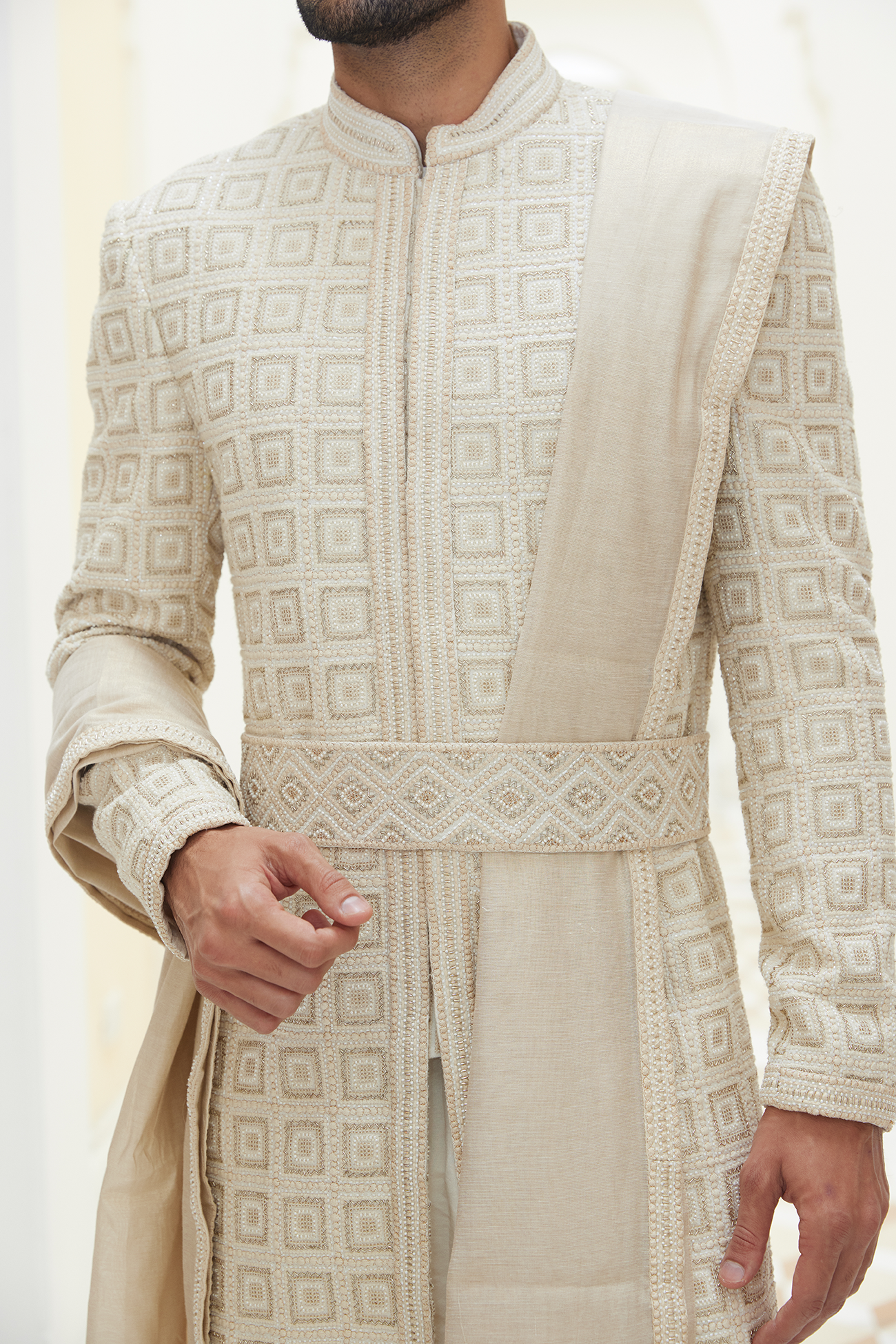 CREAM RAW SILK SHERWANI KURTA TROUSER SET