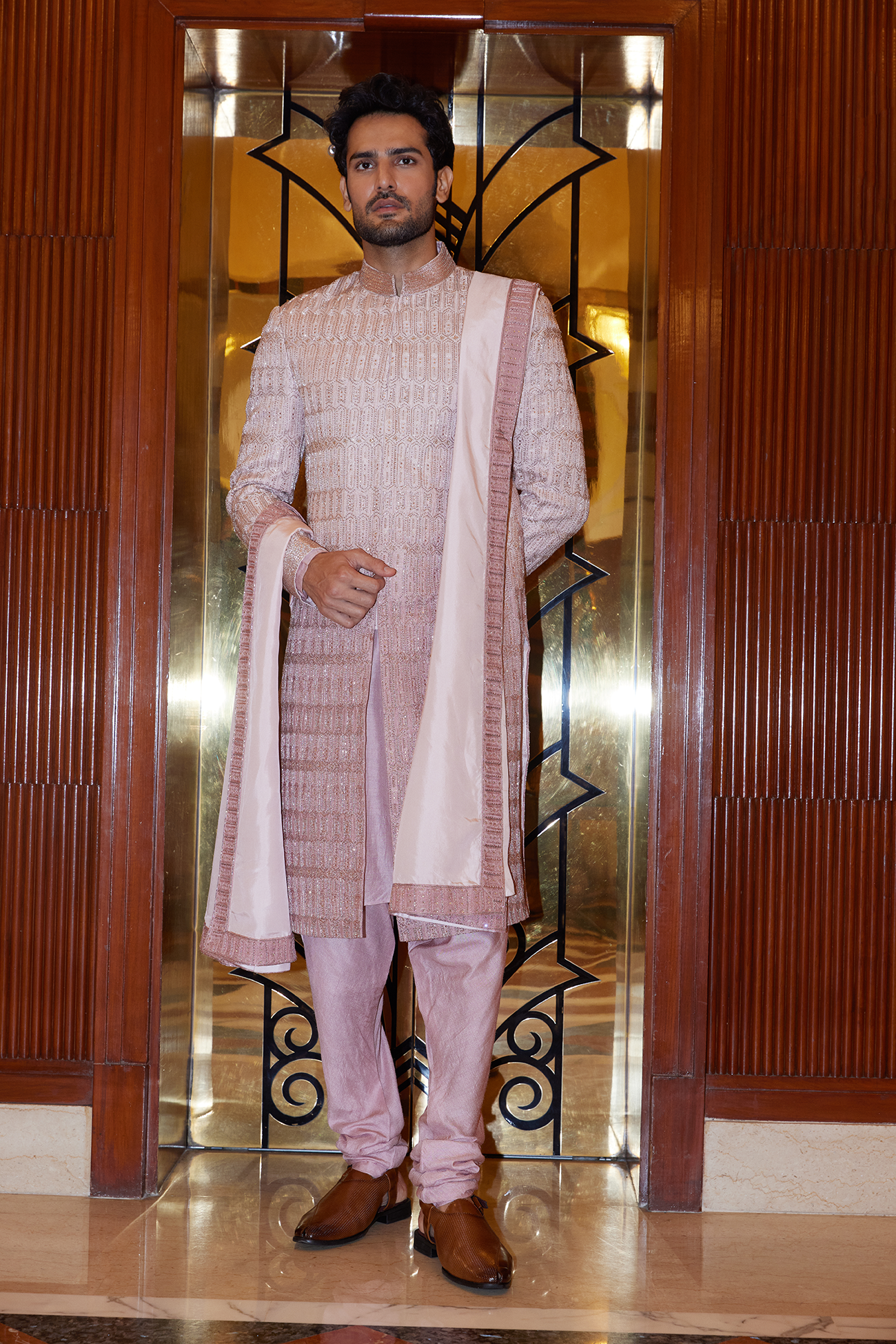 MULBERRY OMBREY DYED RAW SILK SHERWANI KURTA CHURIDAR SET