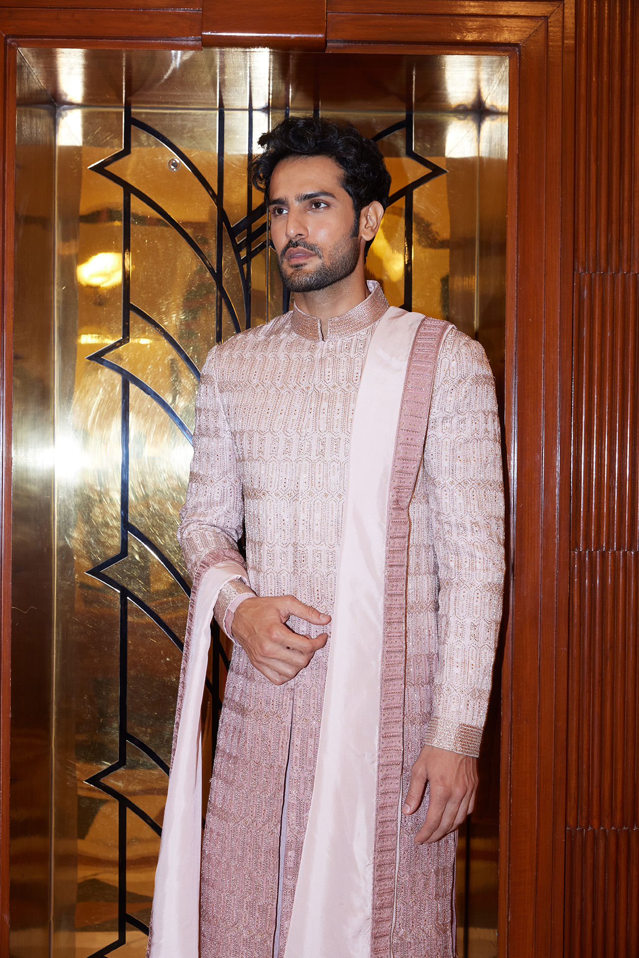 MULBERRY OMBREY DYED RAW SILK SHERWANI KURTA CHURIDAR SET