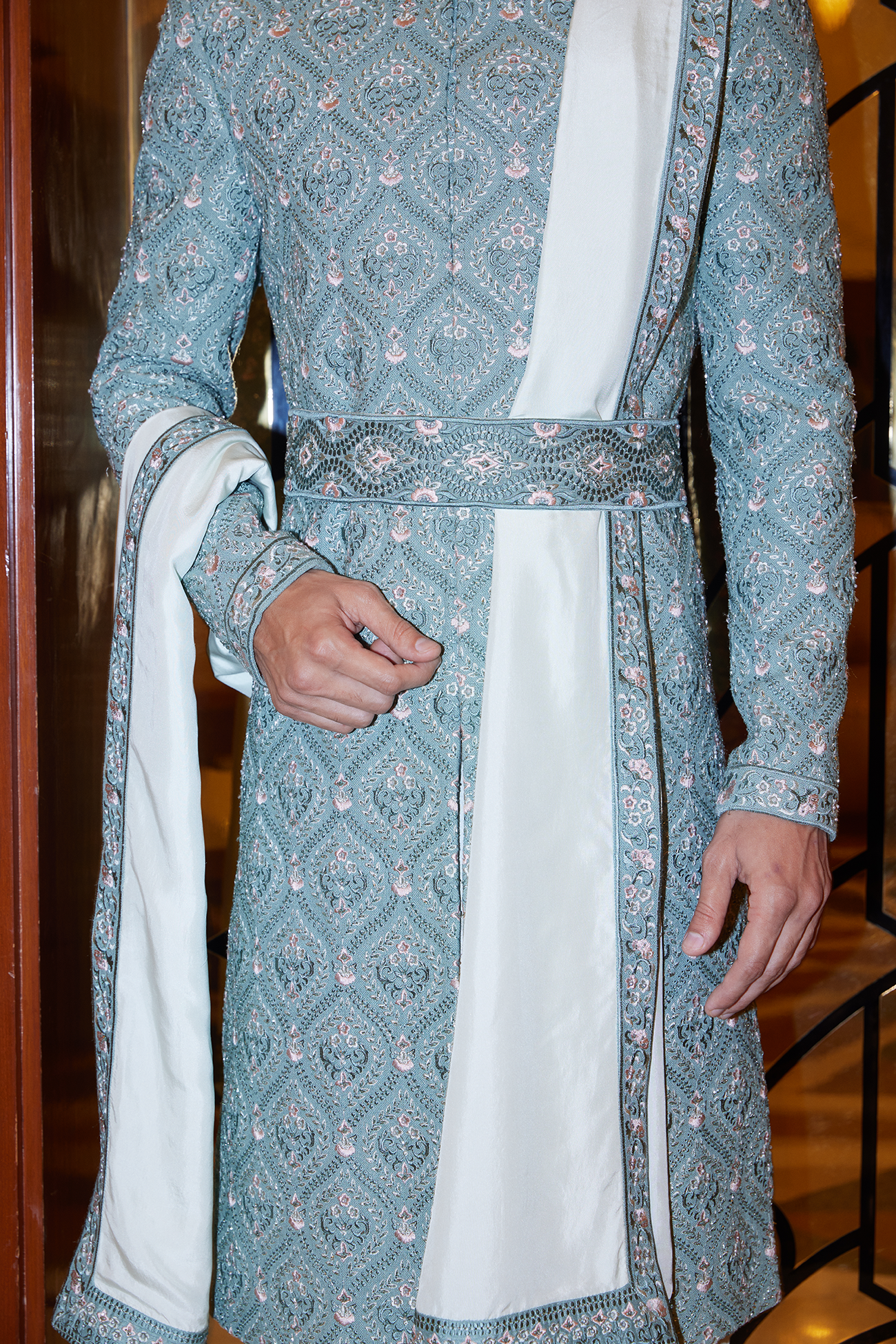 SAGE GREEN MATKA SILK SHERWANI KURTA CHURIDAR SET