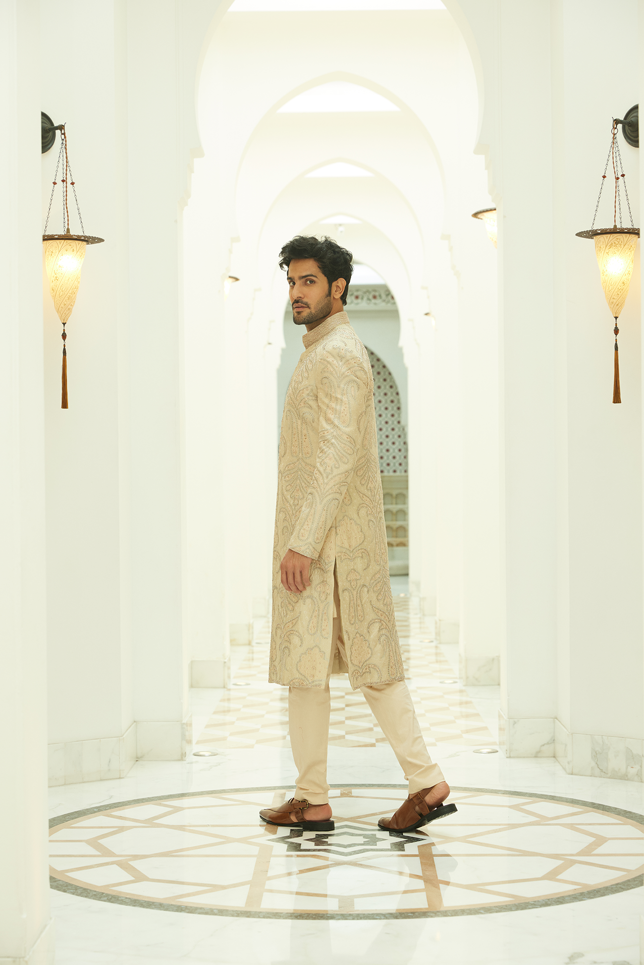 BEIGE RAW SILK SHERWANI KURTA TROUSER SET