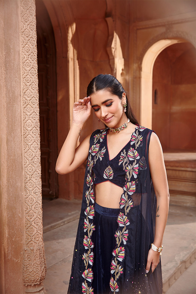 Noora Navy Blue Embroidered Velvet Cape & Sharara Set