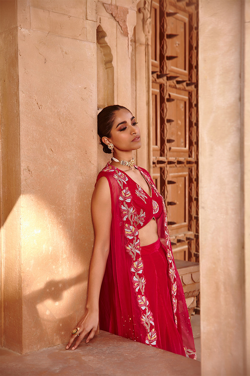 Noora Rani Pink Embroidered Velvet Cape and Organza Sharara Set