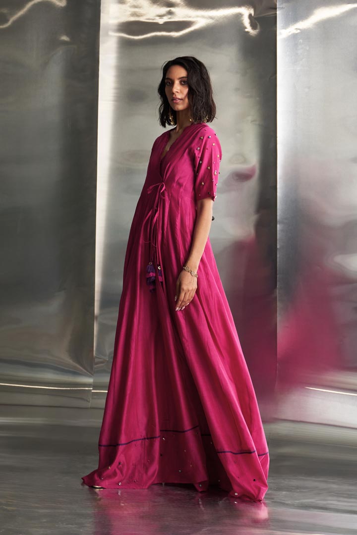 Image of Pop Pink Tie-Up Anarkali with Jogger