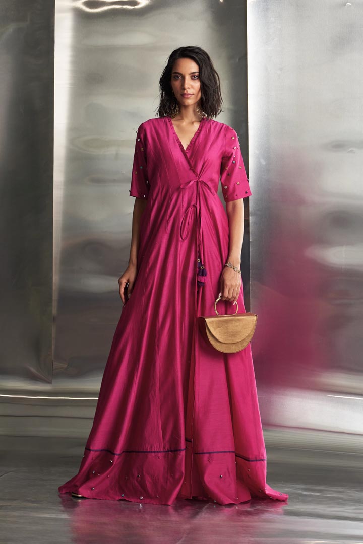 Image of Pop Pink Tie-Up Anarkali with Jogger