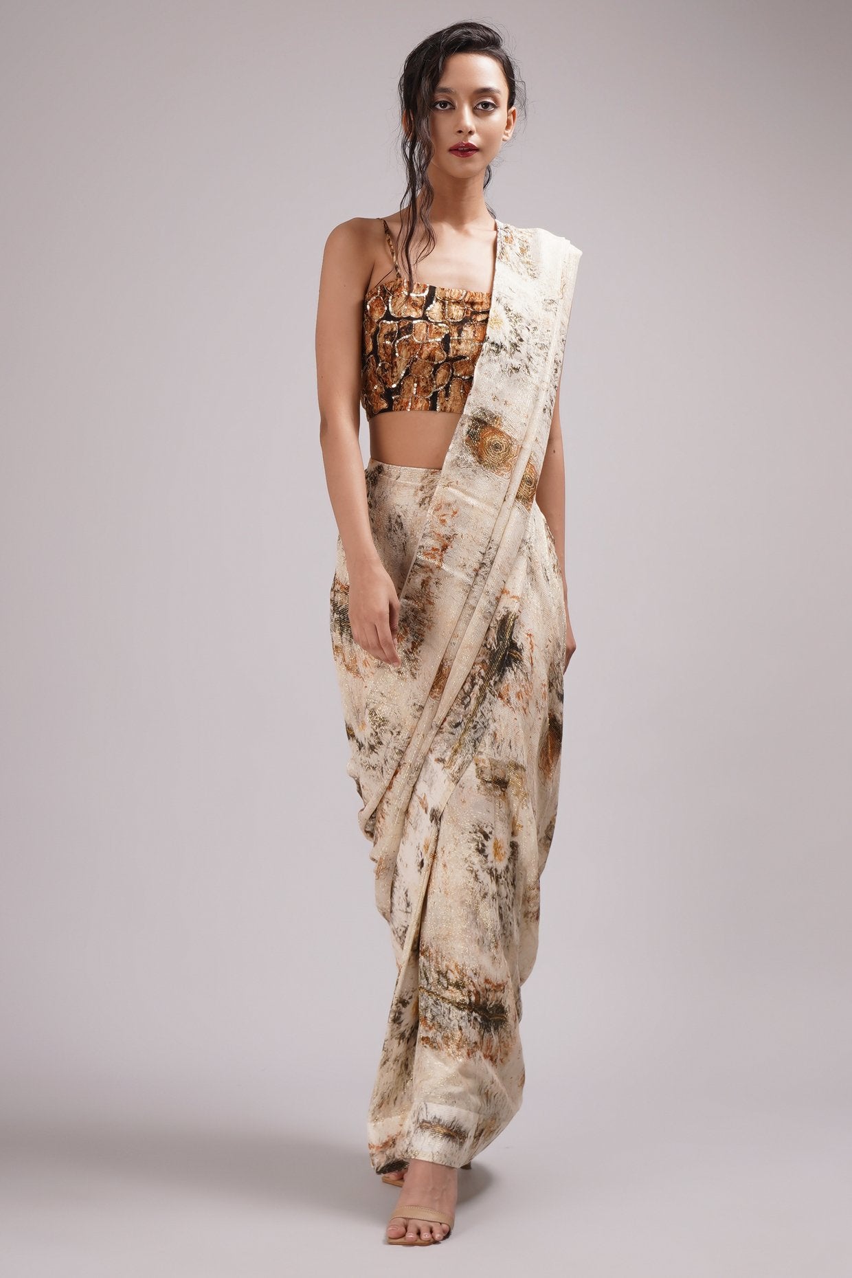 Square Neck Strapy Blouse Pre Draped Saree