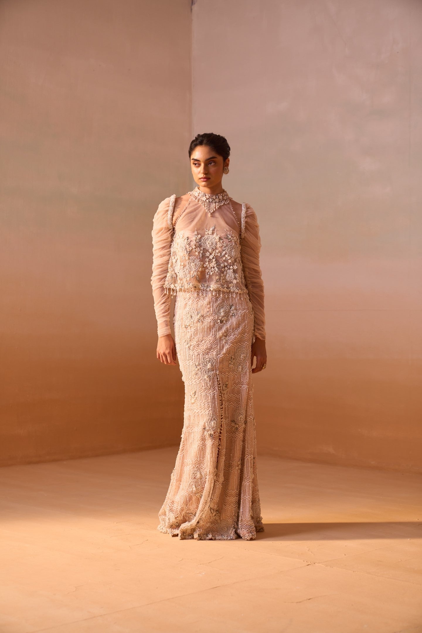 Peach Georgette Skirt Set with Structured Organza Sleeves