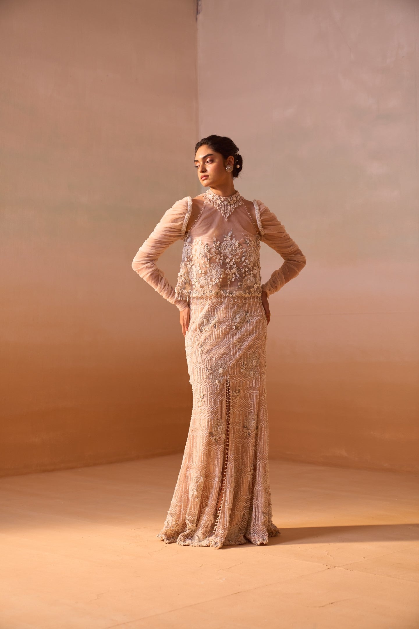Peach Georgette Skirt Set with Structured Organza Sleeves