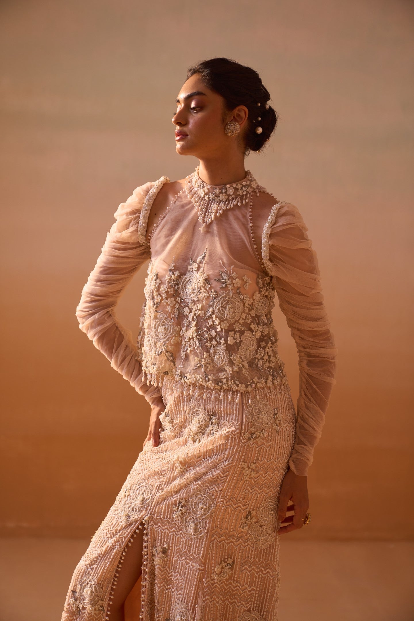 Peach Georgette Skirt Set with Structured Organza Sleeves