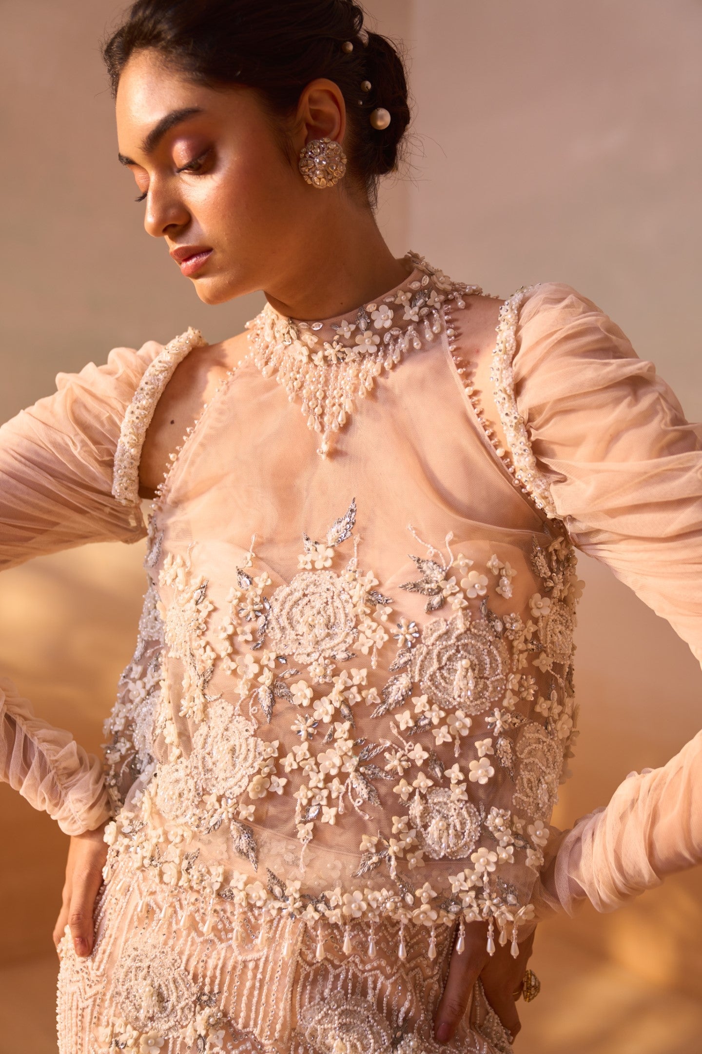 Peach Georgette Skirt Set with Structured Organza Sleeves
