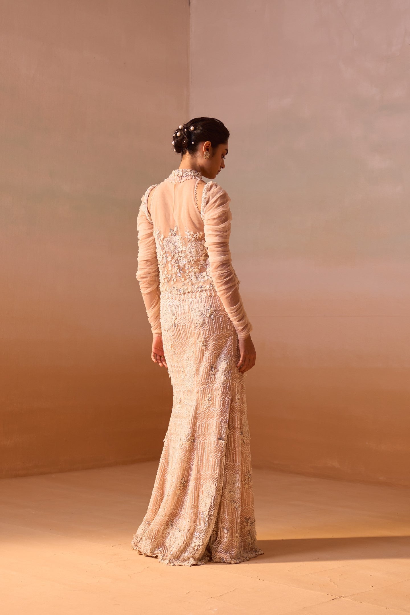 Peach Georgette Skirt Set with Structured Organza Sleeves