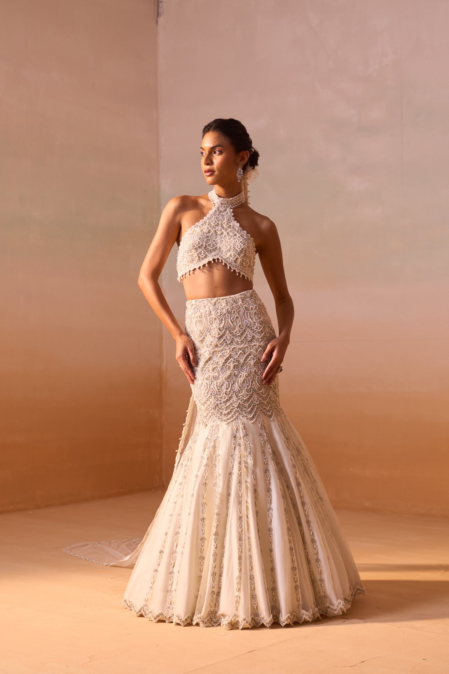 Ivory Pearl Embellished Fishtail Skirt and Halter Blouse Set