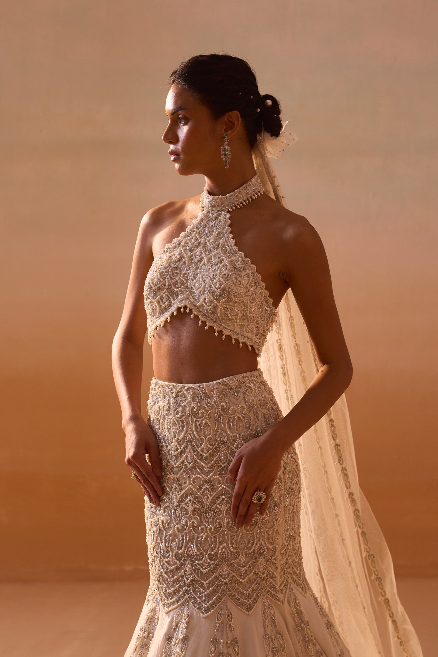 Ivory Pearl Embellished Fishtail Skirt and Halter Blouse Set