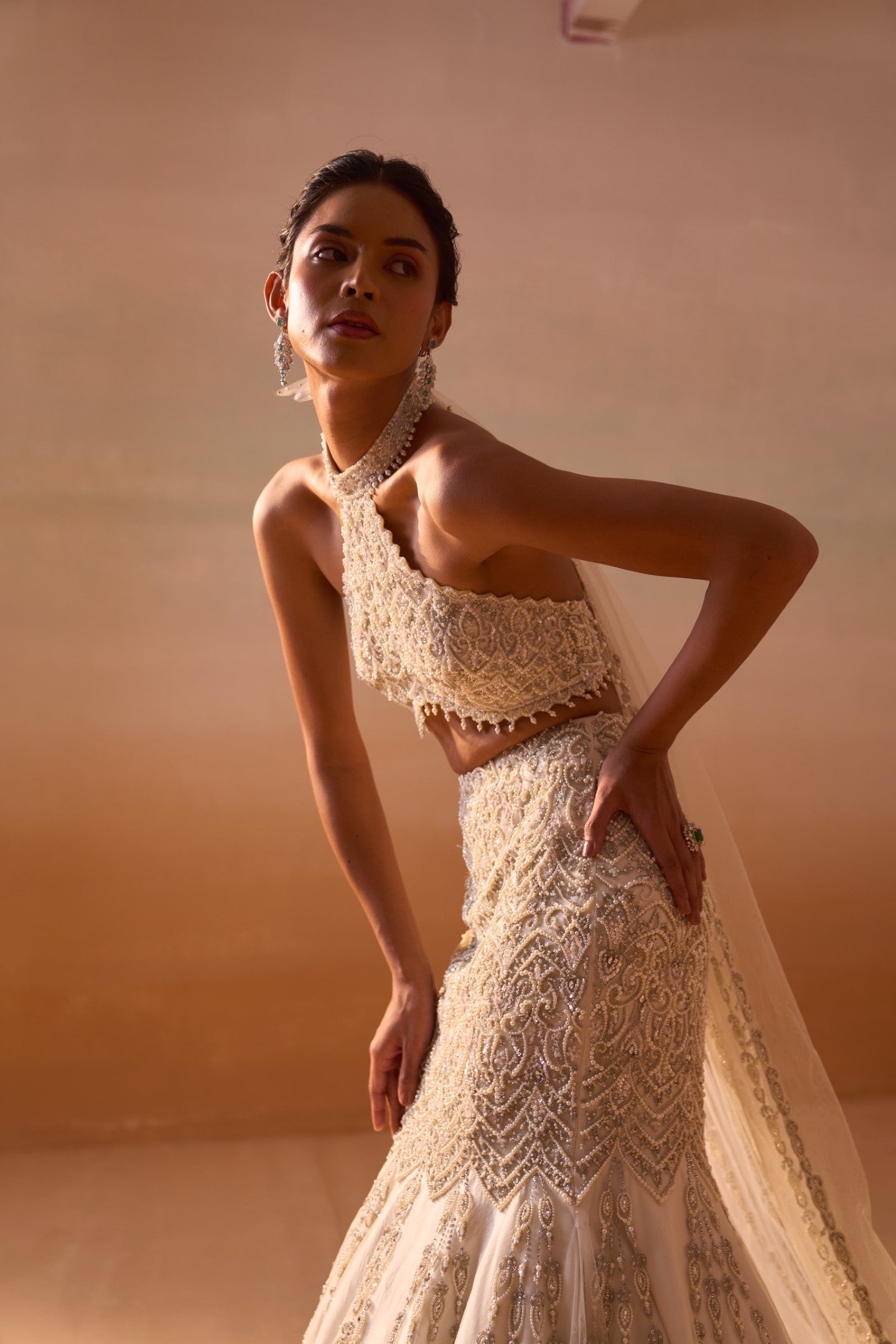 Ivory Pearl Embellished Fishtail Skirt and Halter Blouse Set