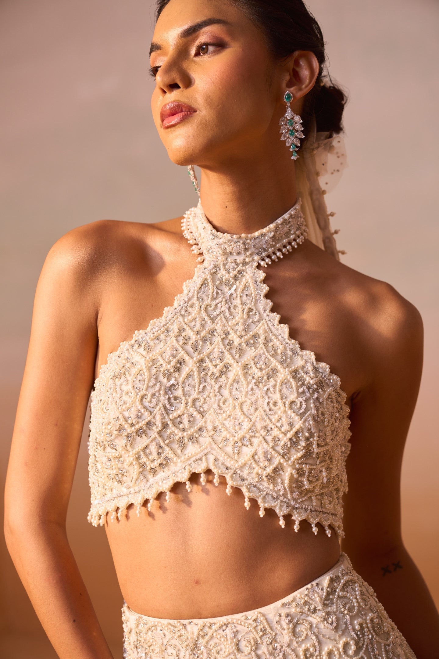 Ivory Pearl Embellished Fishtail Skirt and Halter Blouse Set