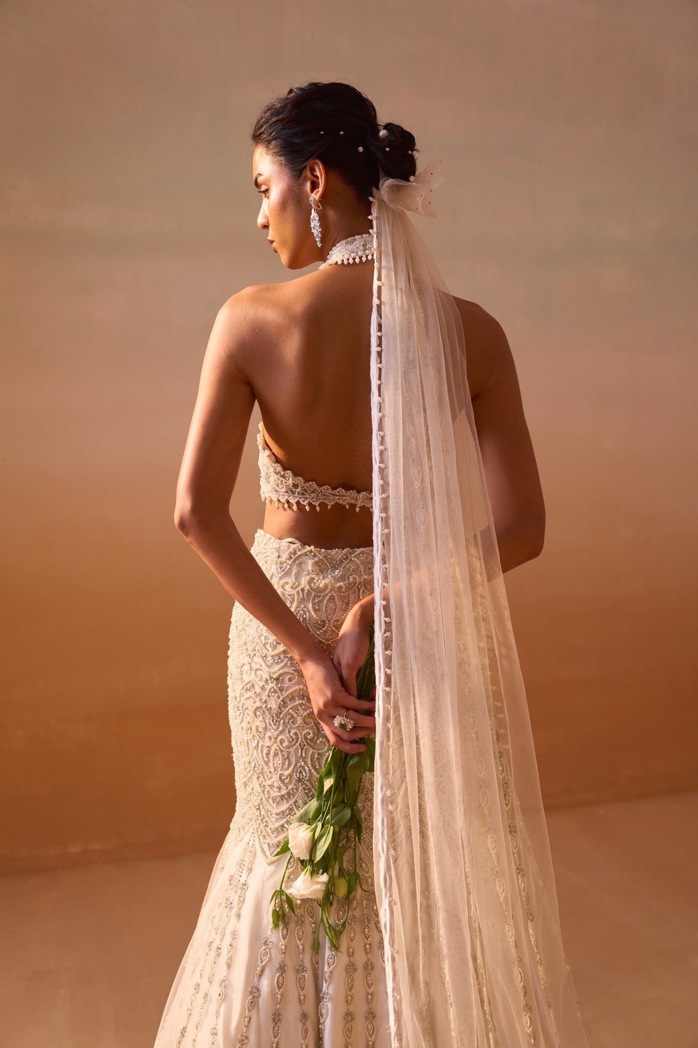 Ivory Pearl Embellished Fishtail Skirt and Halter Blouse Set