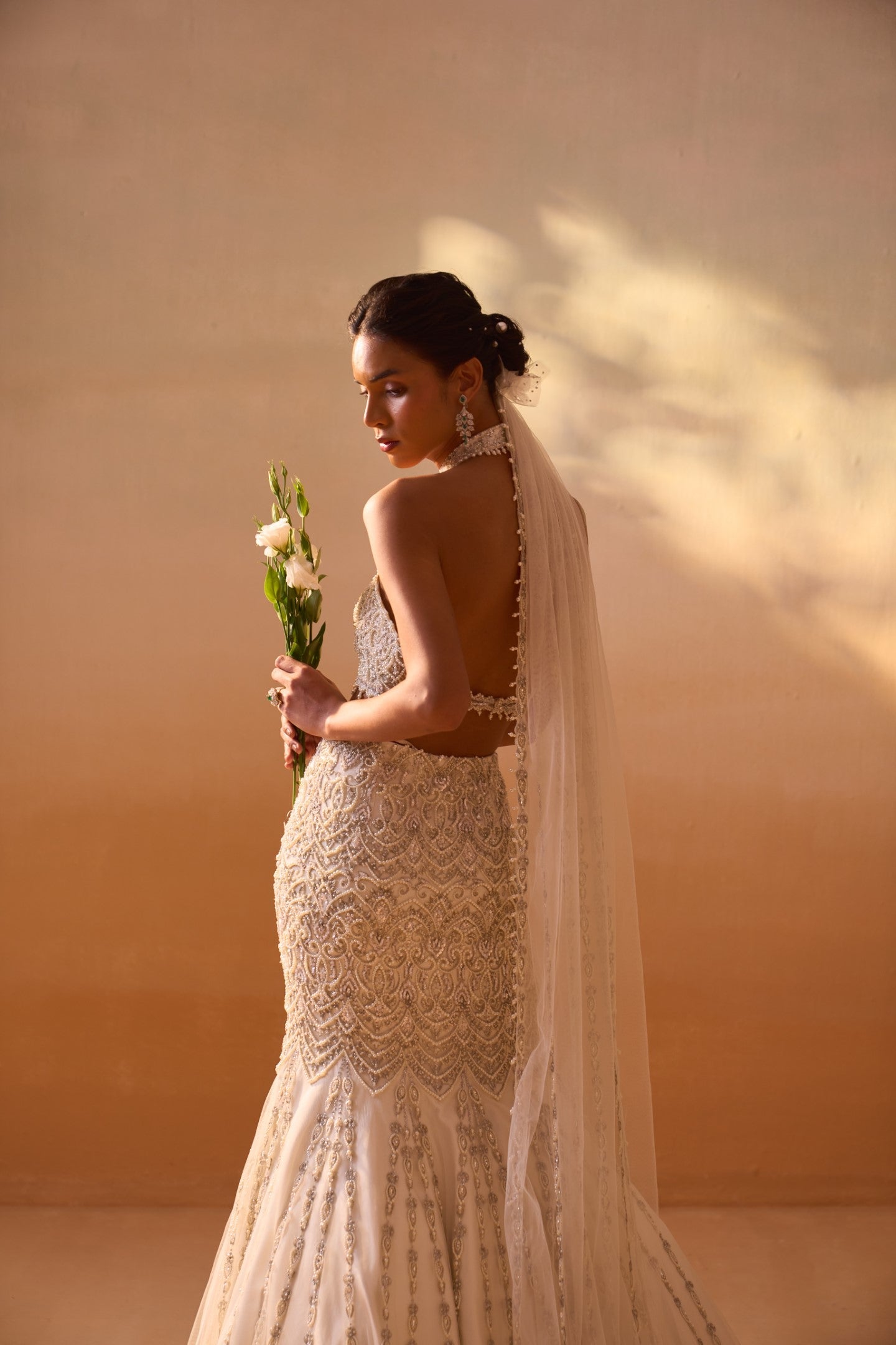 Ivory Pearl Embellished Fishtail Skirt and Halter Blouse Set
