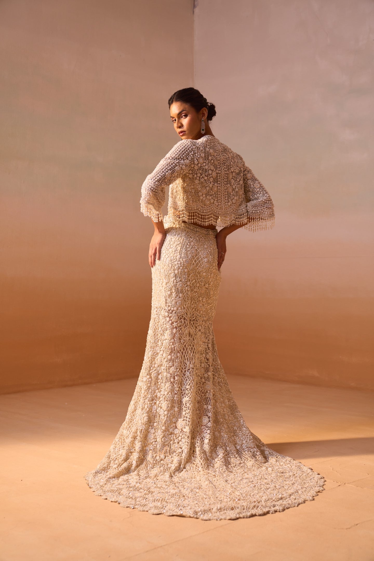 Ivory Embellished Fishtail Trail Skirt with Pleated Bustier & Jacket